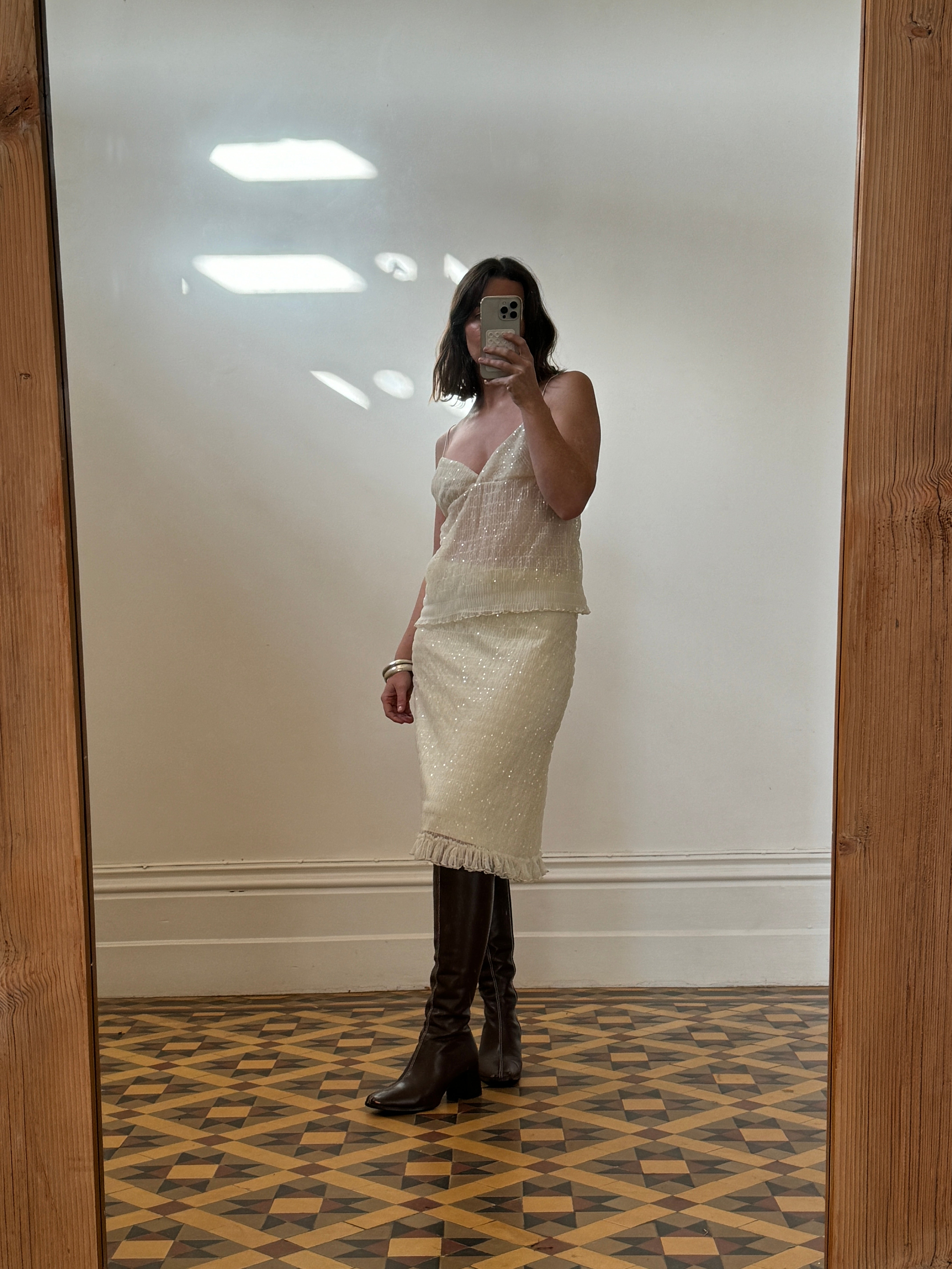 Vintage 90s Gathered Sequin Two Piece Creme
