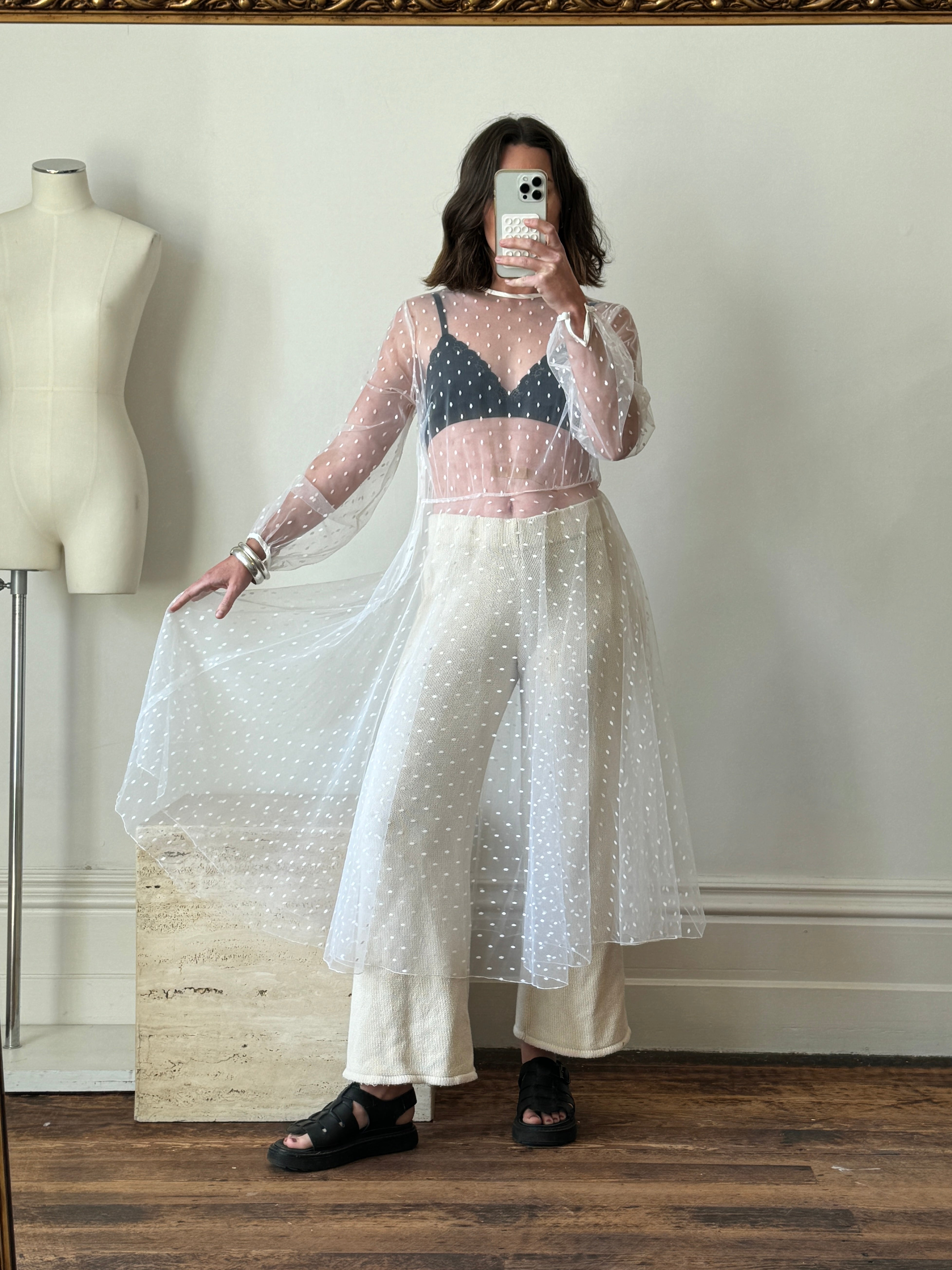 Vintage Long Sleeve Dress Sheer Polka