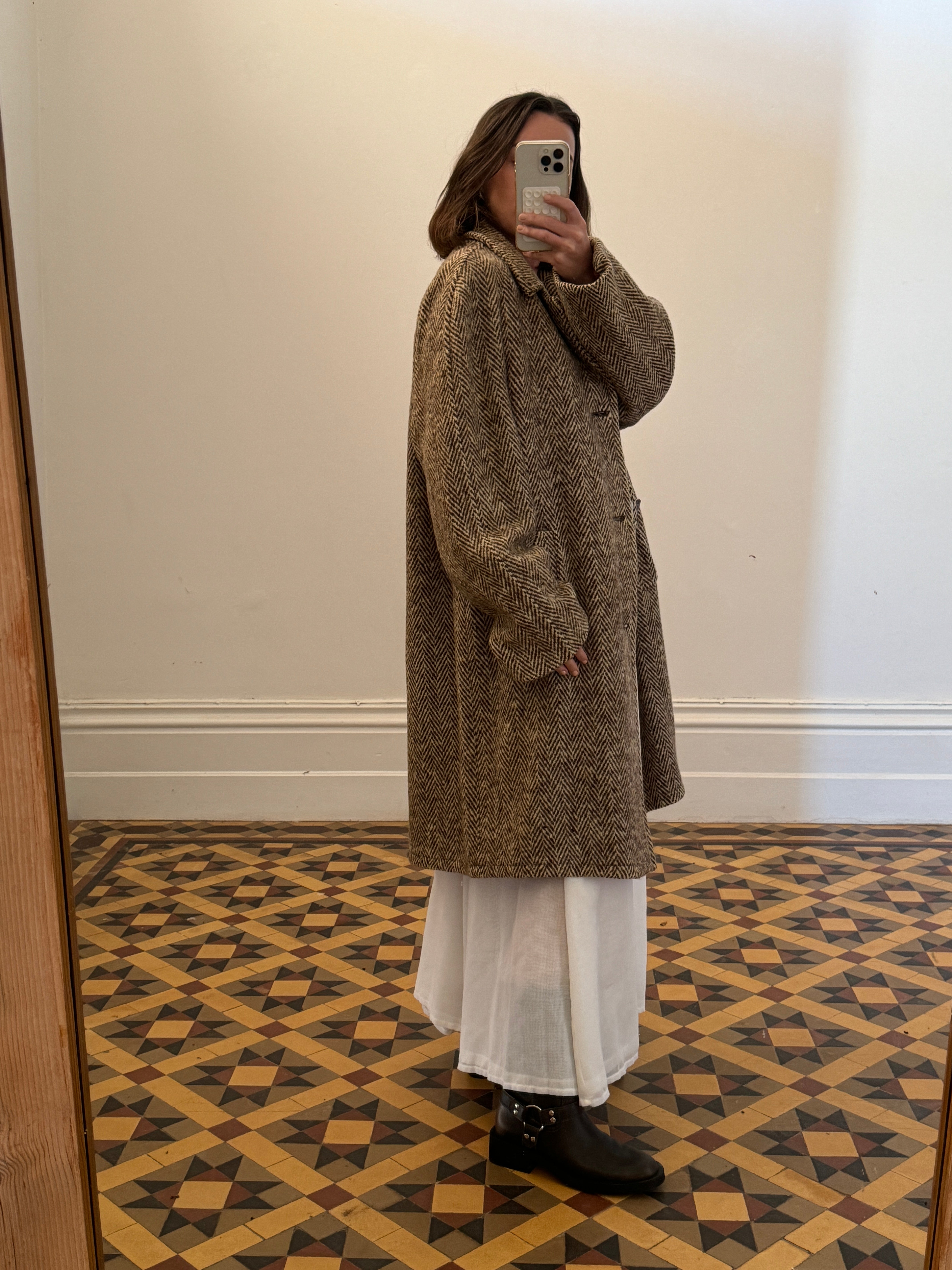 Vintage Brown Herringbone Wool Coat