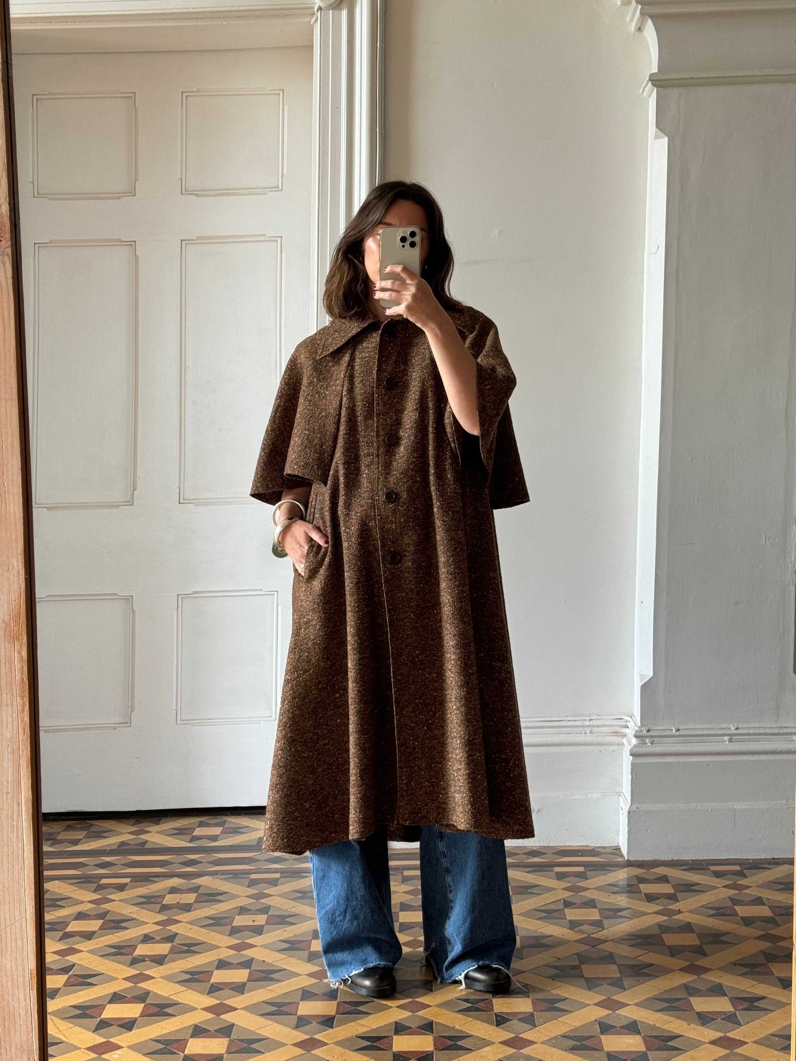 Vintage 50s Wool Button Up Cape Trench