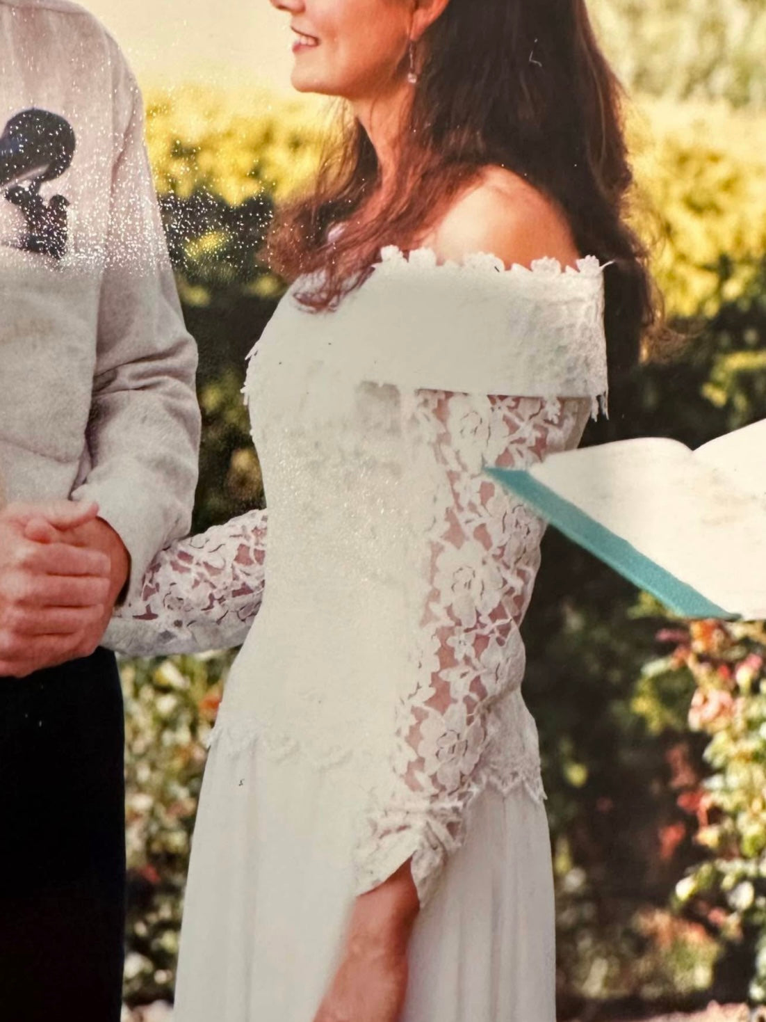 Vintage 90s Lace Off The Shoulder Chiffon Wedding Dress