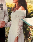 Vintage 90s Lace Off The Shoulder Chiffon Wedding Dress