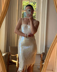 Vintage 90s Pure Silk Sequin Party Dress Creme