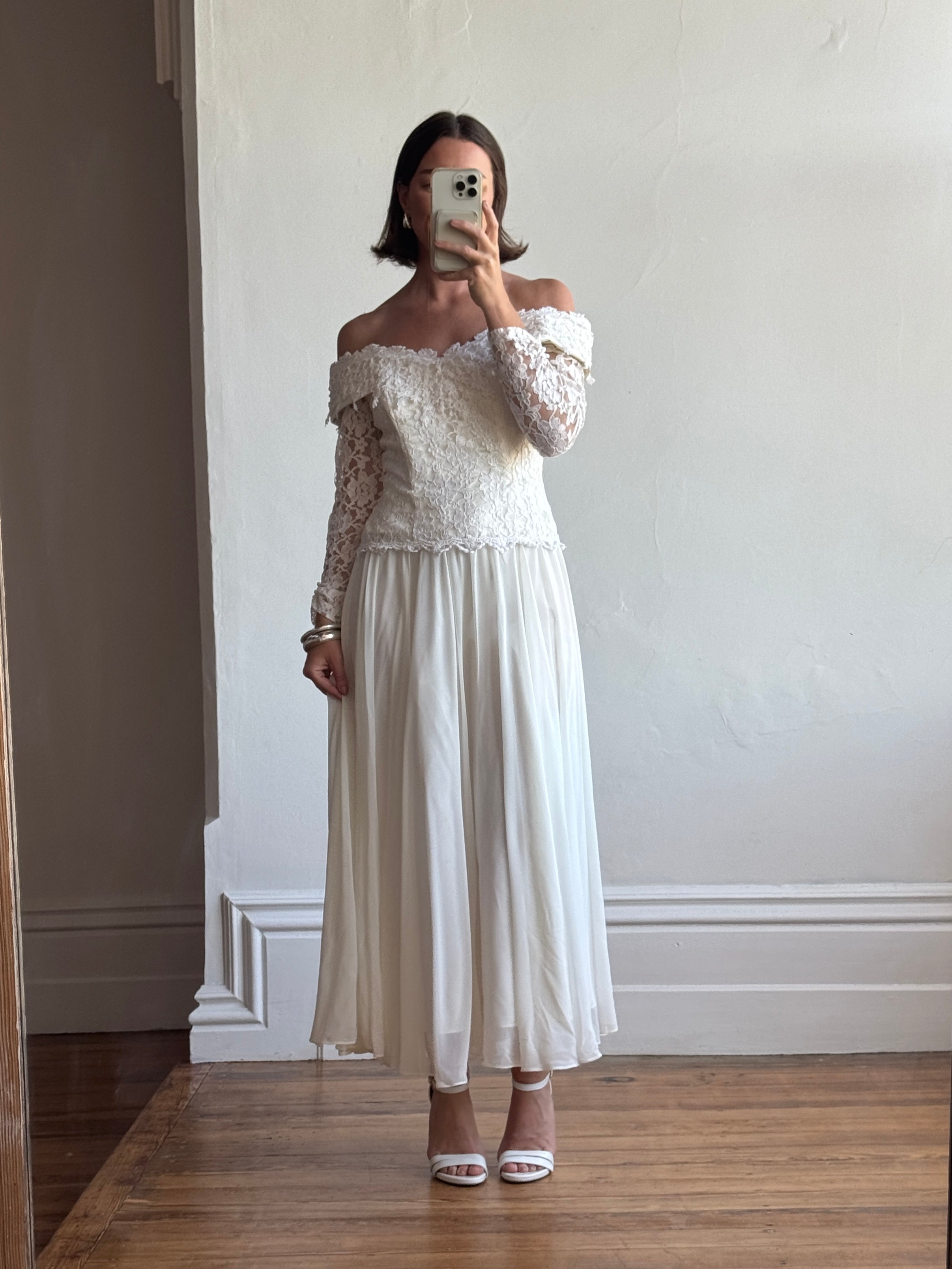 Vintage 90s Lace Off The Shoulder Chiffon Wedding Dress