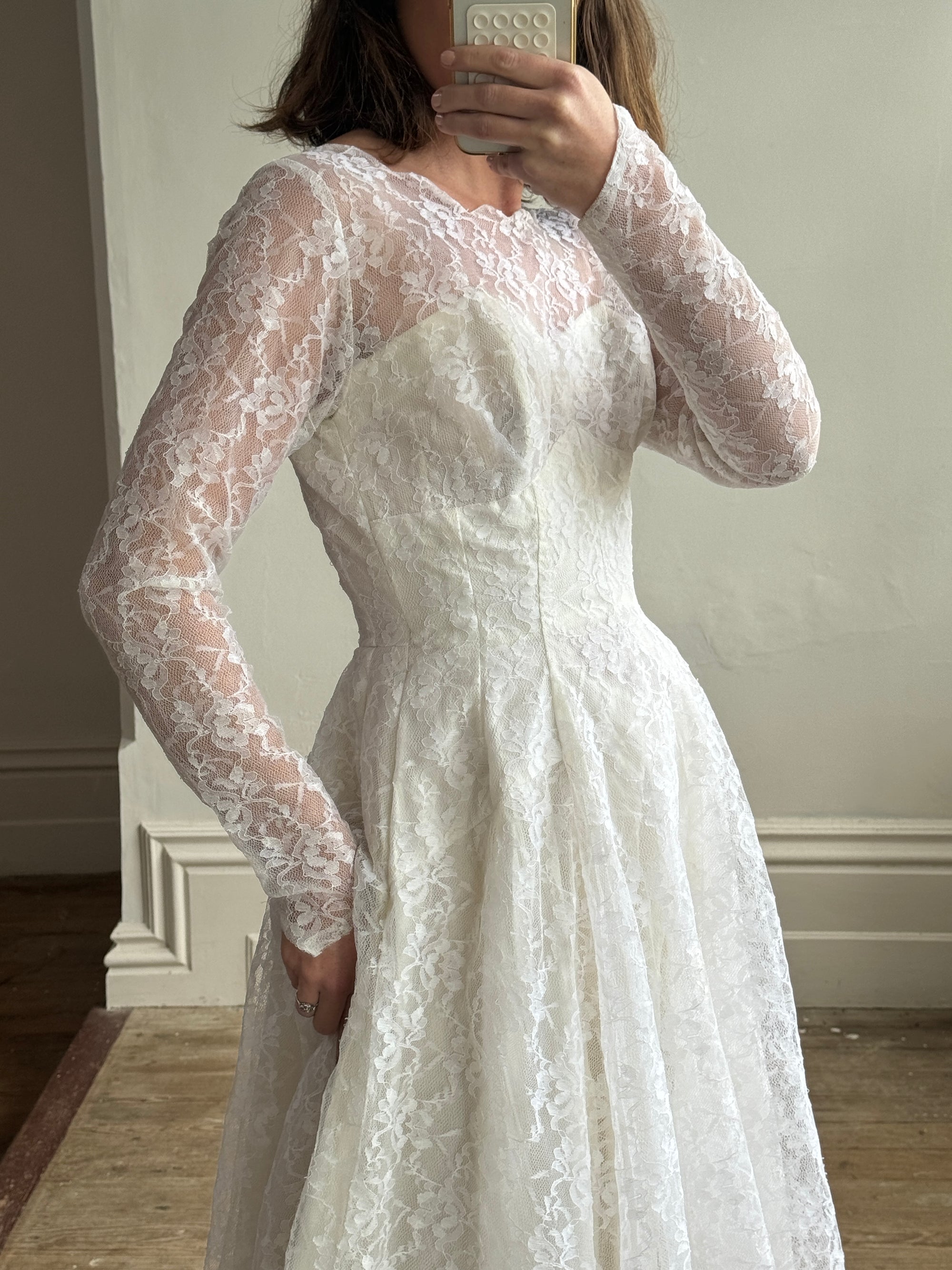 Vintage 50s Long Sleeved Princess Lace Bridal Gown