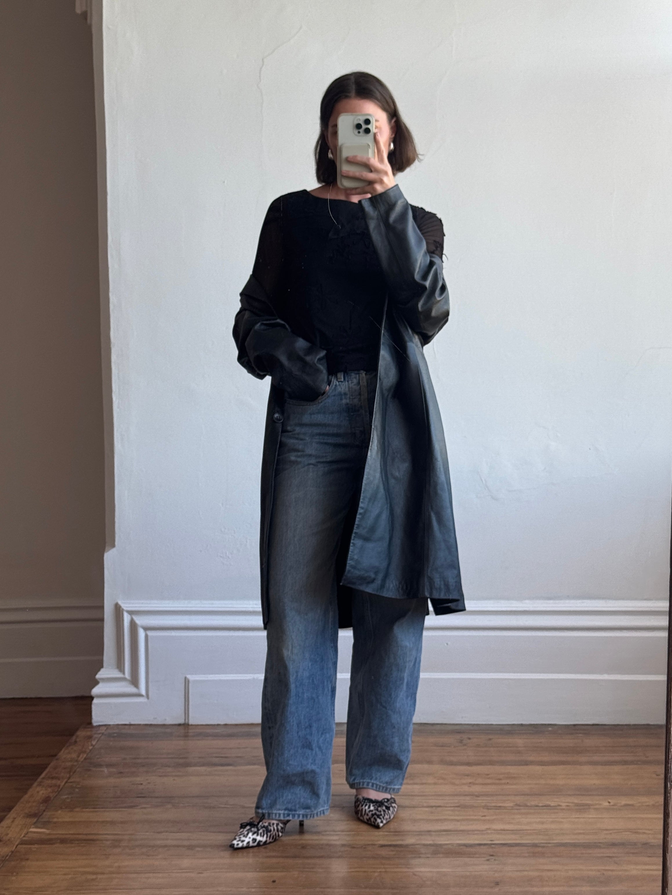 Vintage 90s Leather Mid Length Trench