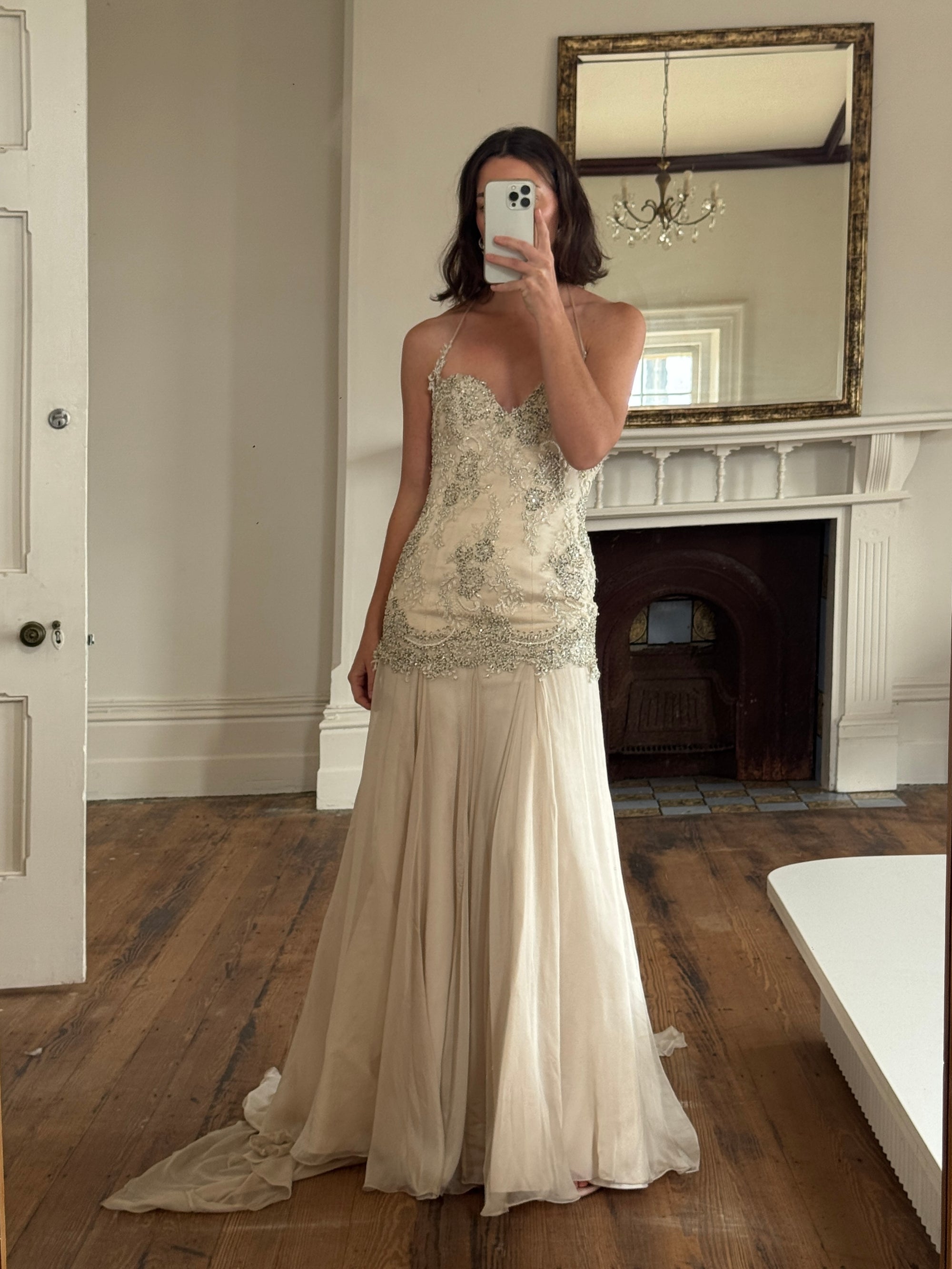 Vintage 90s Pure Silk Drop Waist Beaded Halter Gown with Cathedral Train