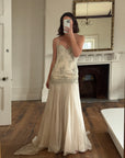 Vintage 90s Pure Silk Drop Waist Beaded Halter Gown with Cathedral Train