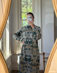 Vintage 70s Paisley Tapestry Long Sleeved Maxi Dress Blue