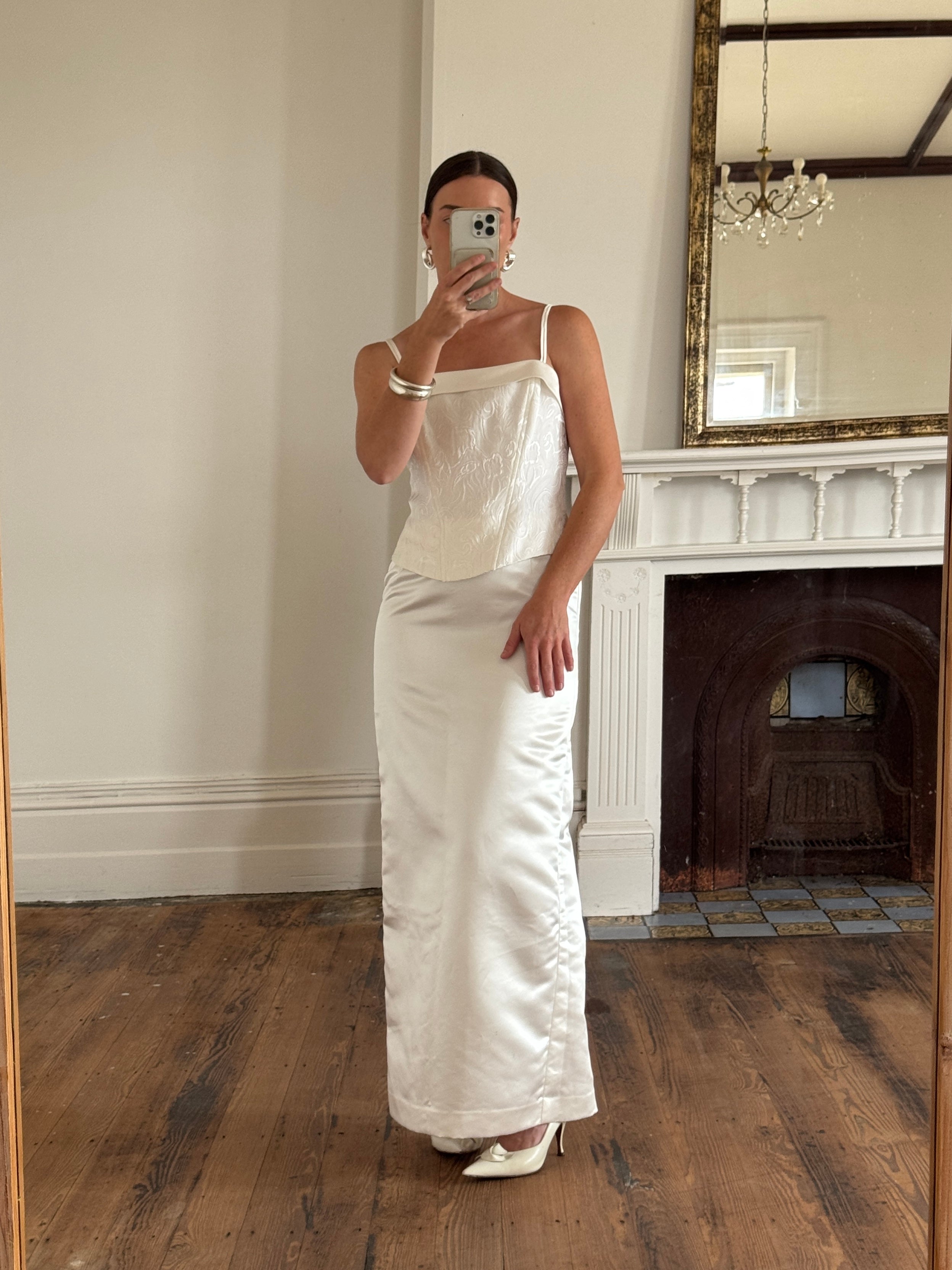 Vintage 90s Satin Jacquard Bodice and Skirt Set Ivory