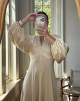 Vintage 70s Jersey High Neck Maxi Dress Creme