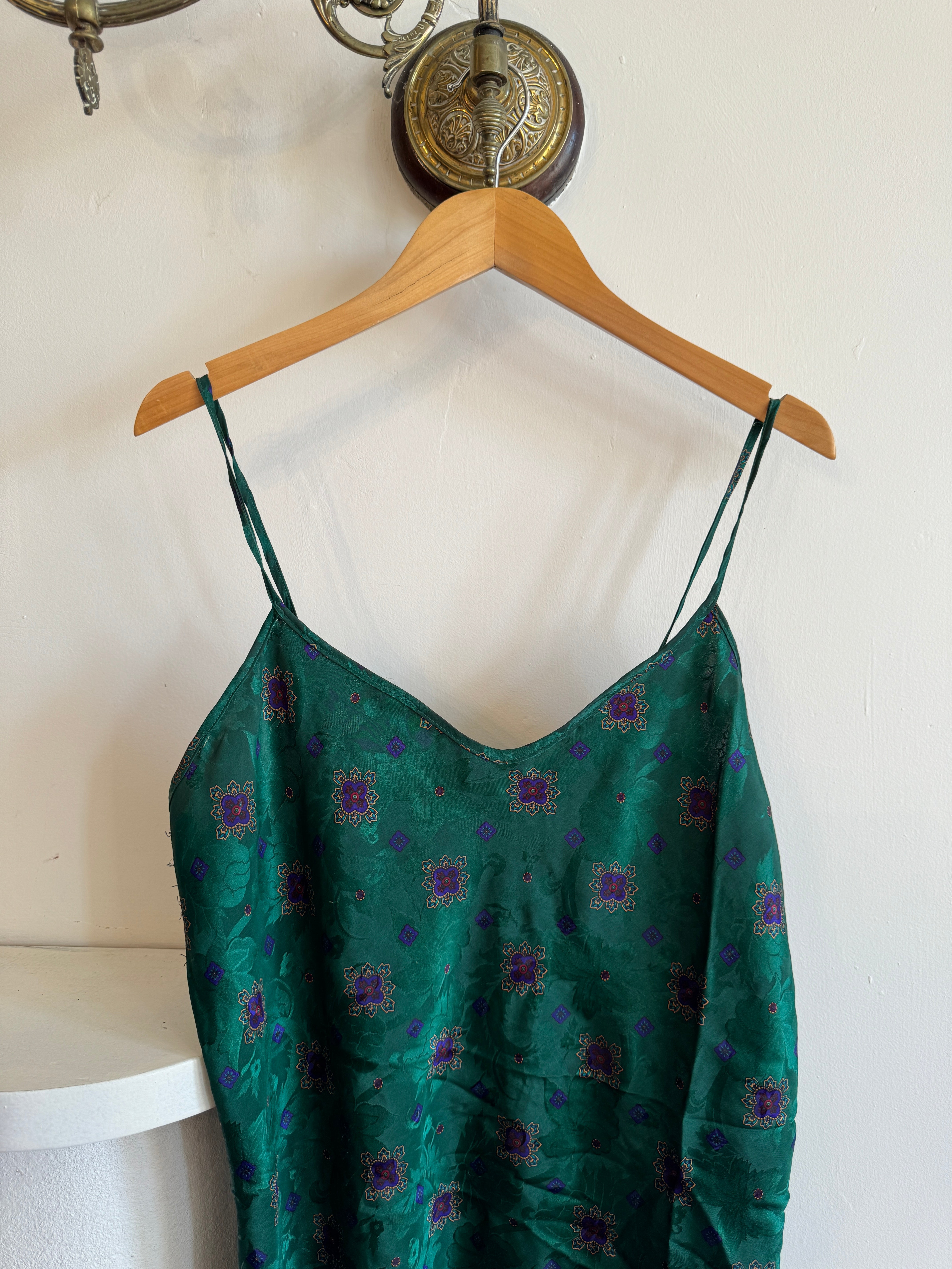 Vintage Emerald Green and Purple Jacquard Satin Slip Mini