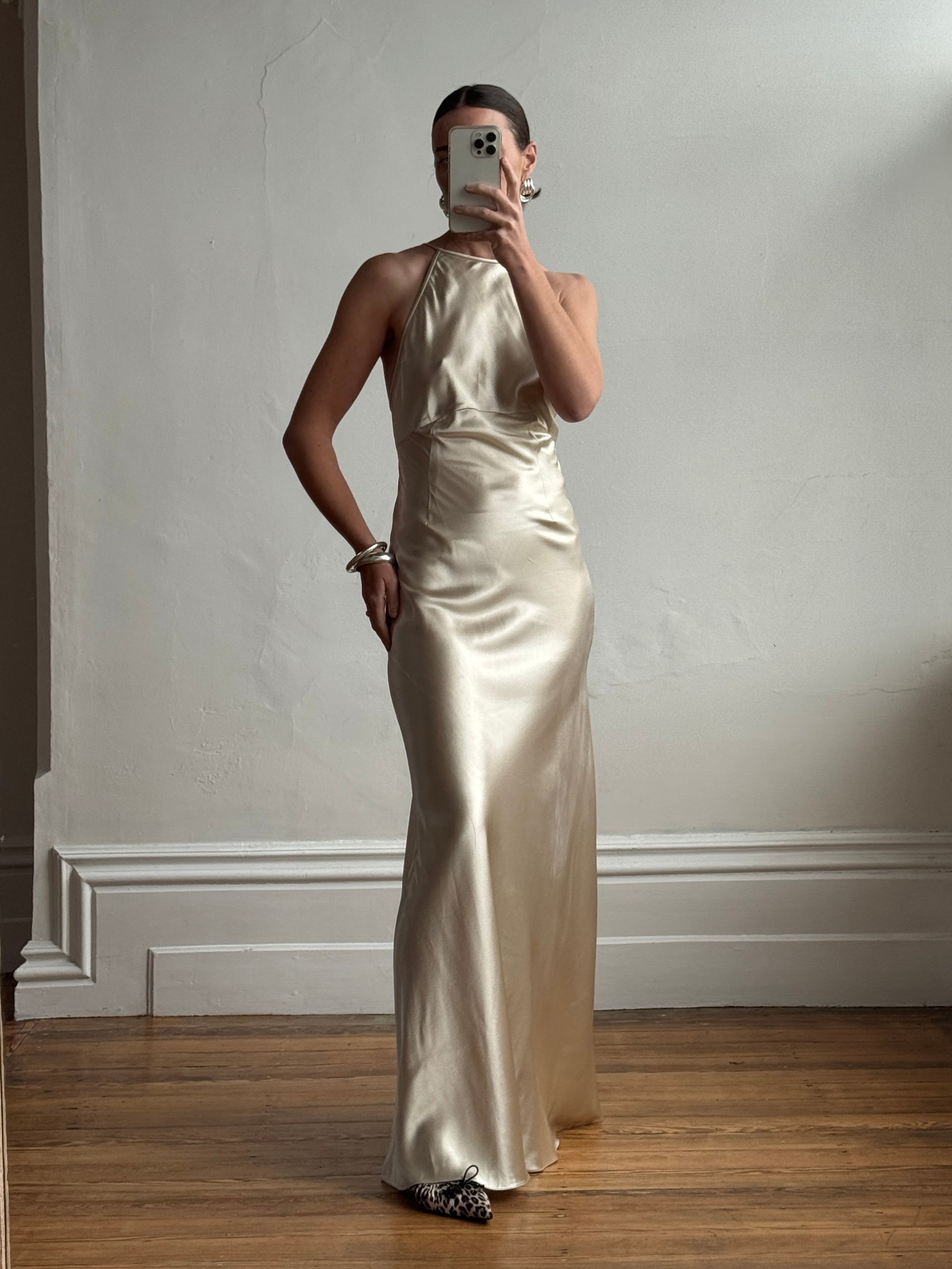 Vintage 90s Plein Sud Champagne Satin Halter Gown