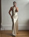 Vintage 90s Plein Sud Champagne Satin Halter Gown