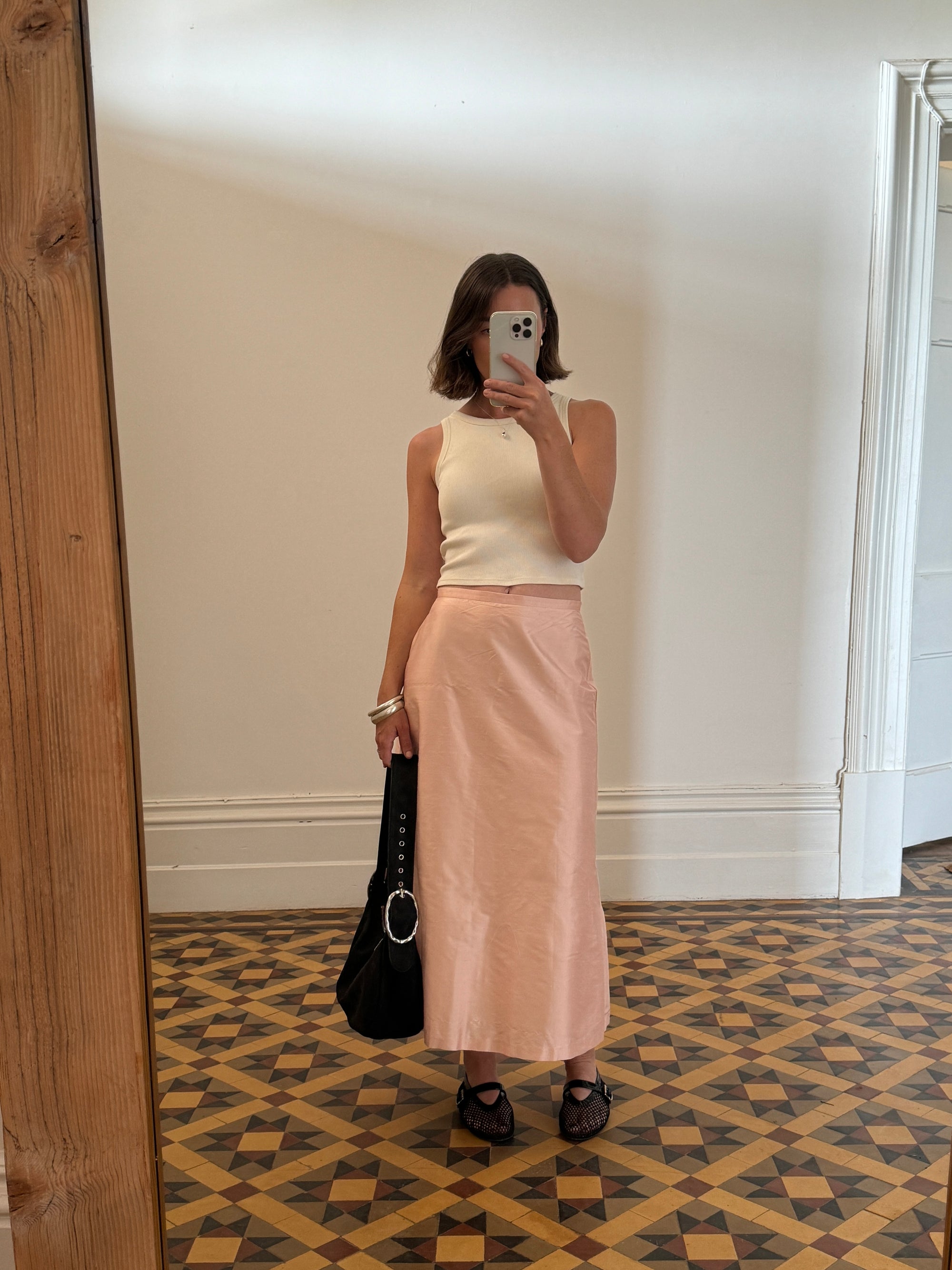 Vintage Pink Pure Silk High Waist Midi Skirt