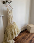 Vintage 90s Fishtail Beaded Tulle Wedding Gown Champagne