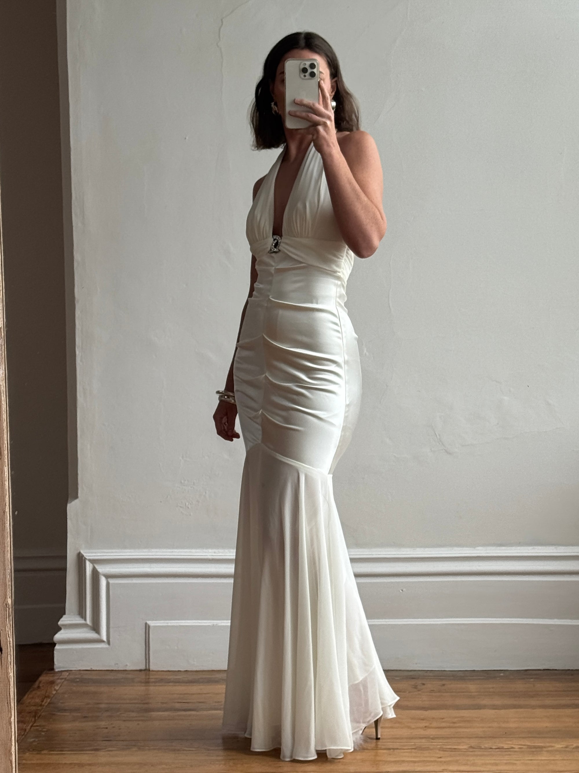 Vintage Y2K USA Made Mermaid Satin Fluted Dress Ivory