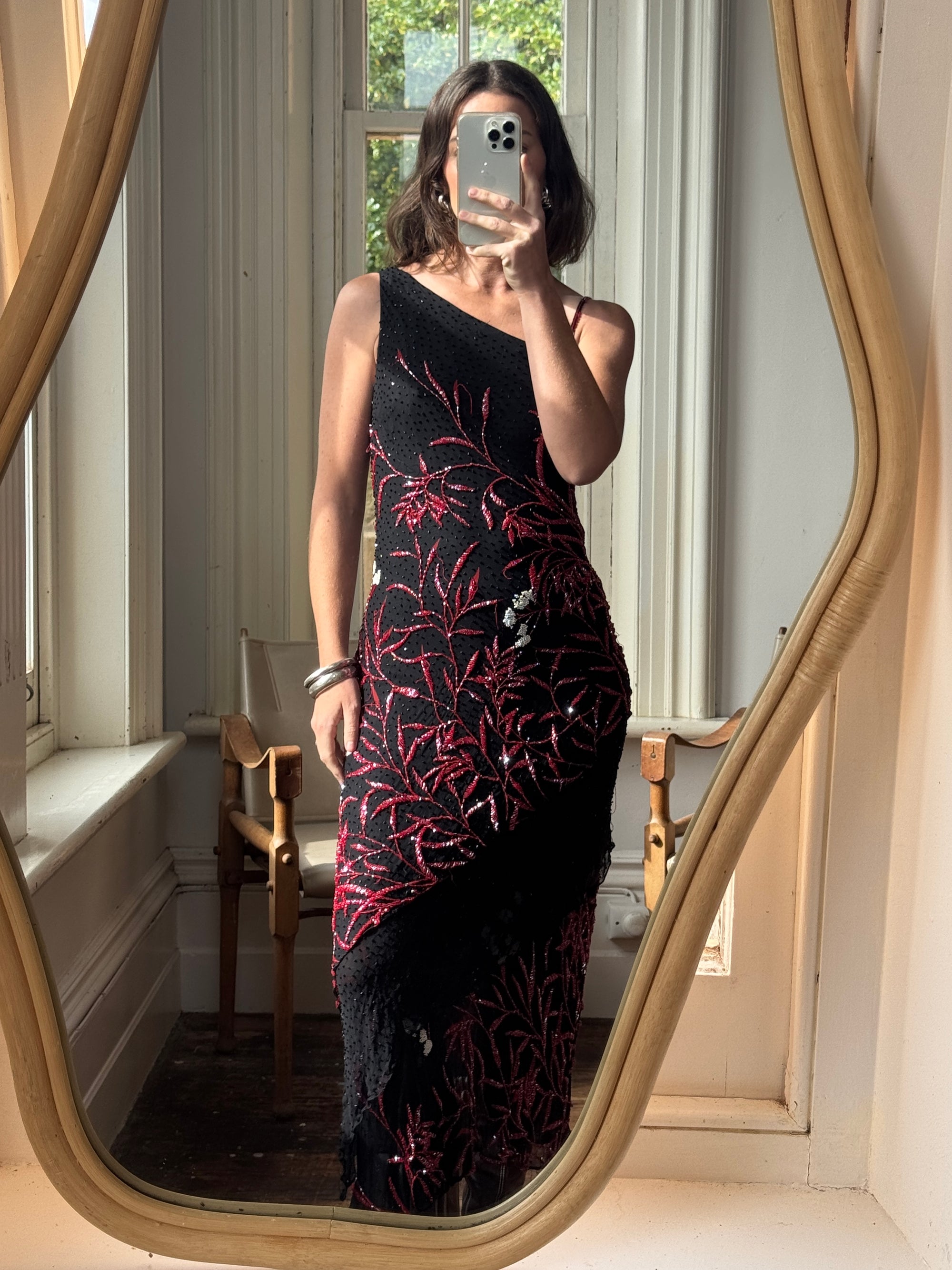 Vintage 90s Beaded Asymmetrical Evening Dress Red Vine