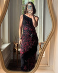 Vintage 90s Beaded Asymmetrical Evening Dress Red Vine