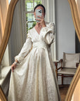 Vintage 70s Floral Satin Jacquard Wedding Dress Creme