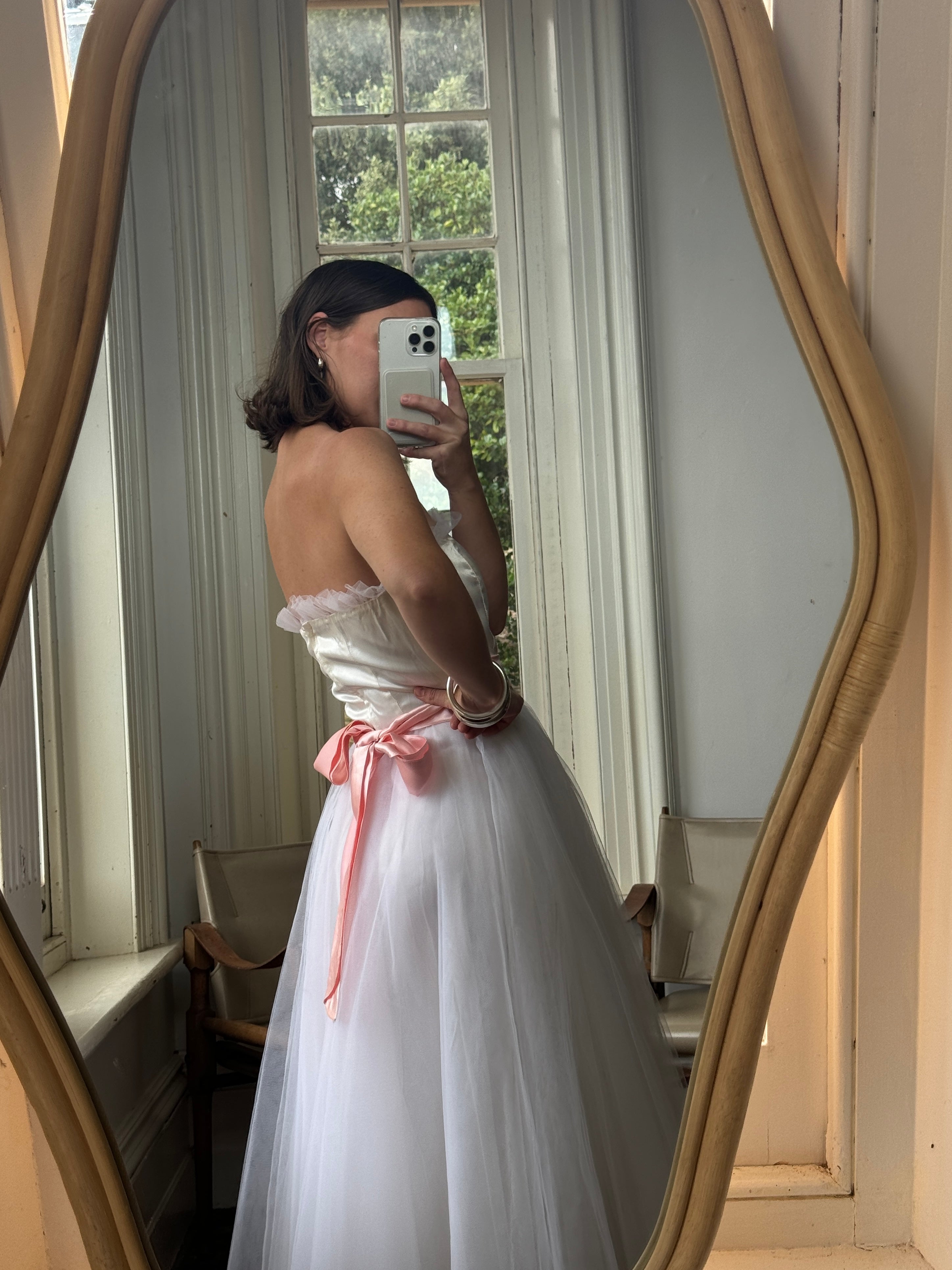 Vintage 80s Cupcake Tulle Dress With Salmon Waist Tie