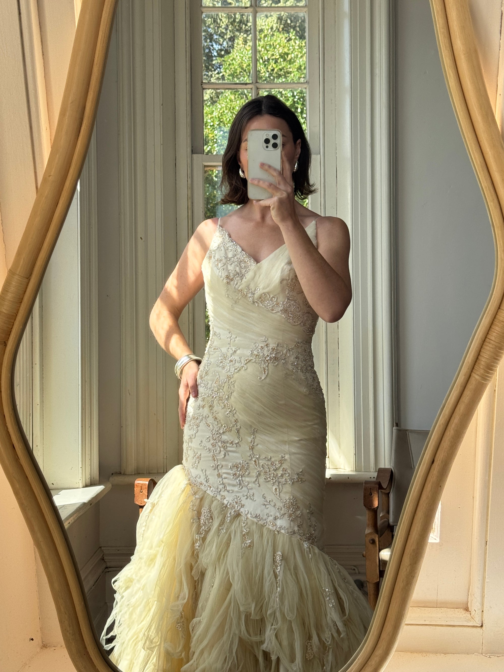 Vintage 90s Fishtail Beaded Tulle Wedding Gown Champagne