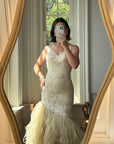 Vintage 90s Fishtail Beaded Tulle Wedding Gown Champagne