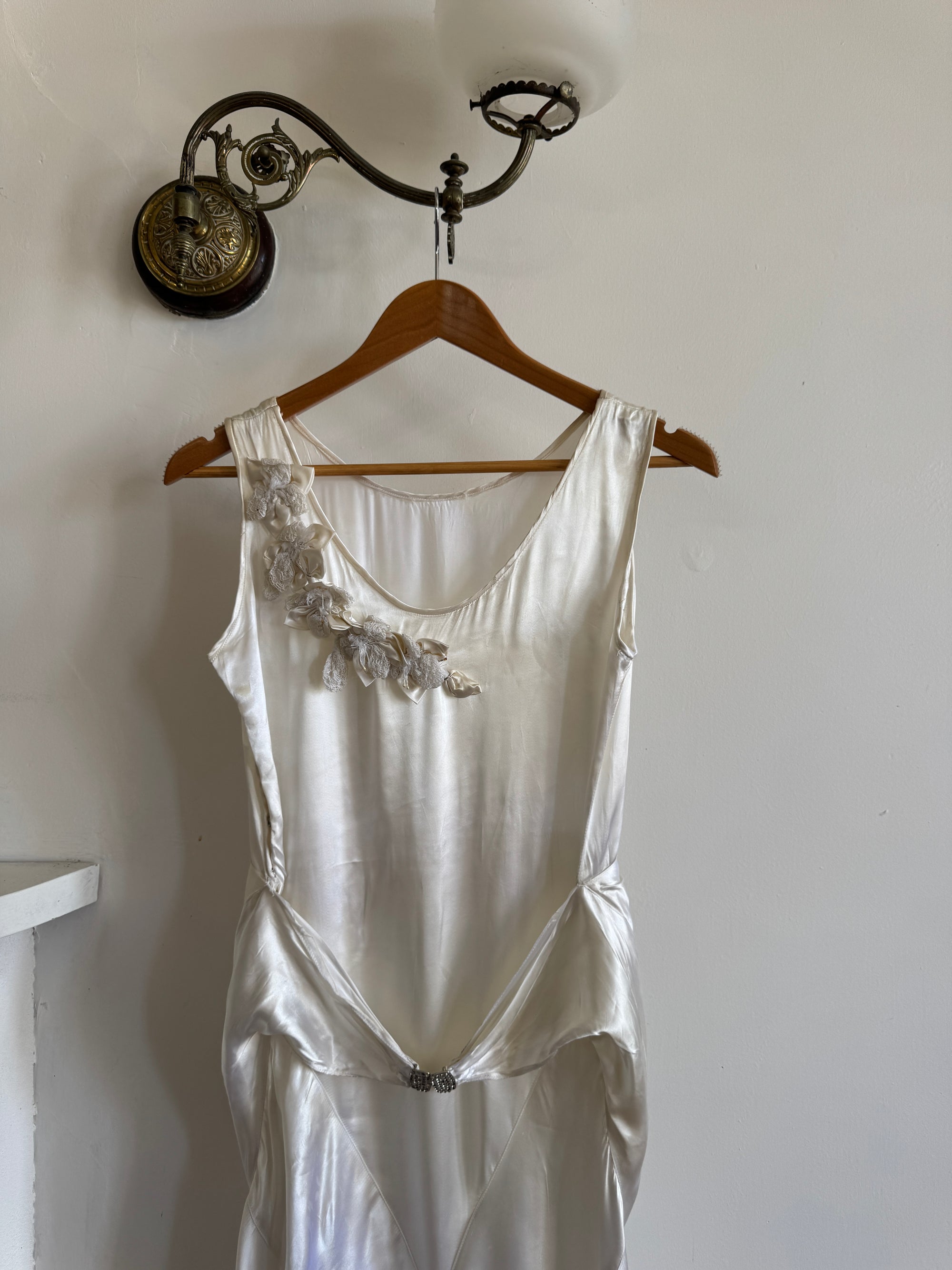 Vintage 30s Satin Bias Belted Bridal Midi