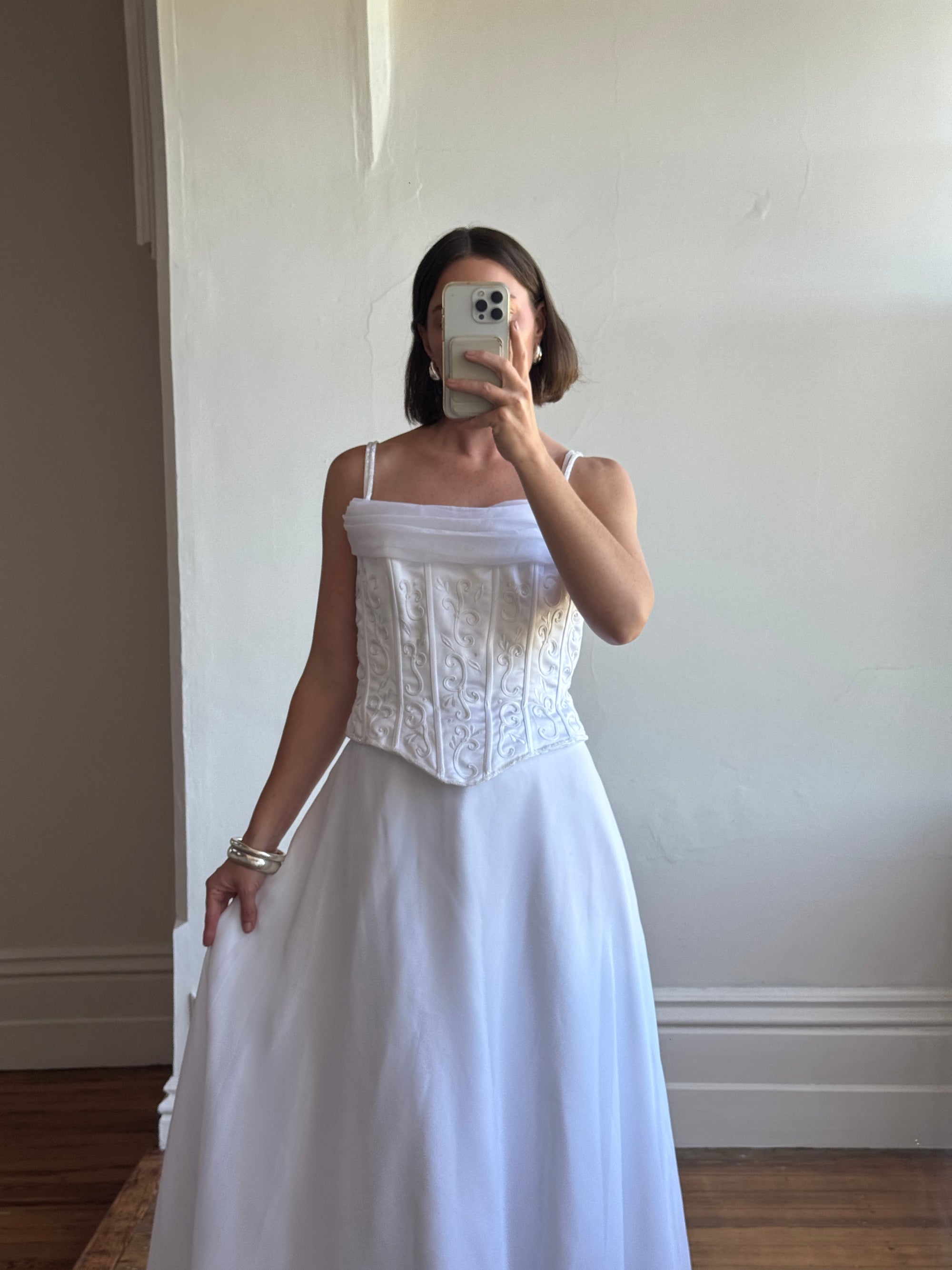 Vintage 90s Embroidered Corset Cowl Neck Wedding Dress
