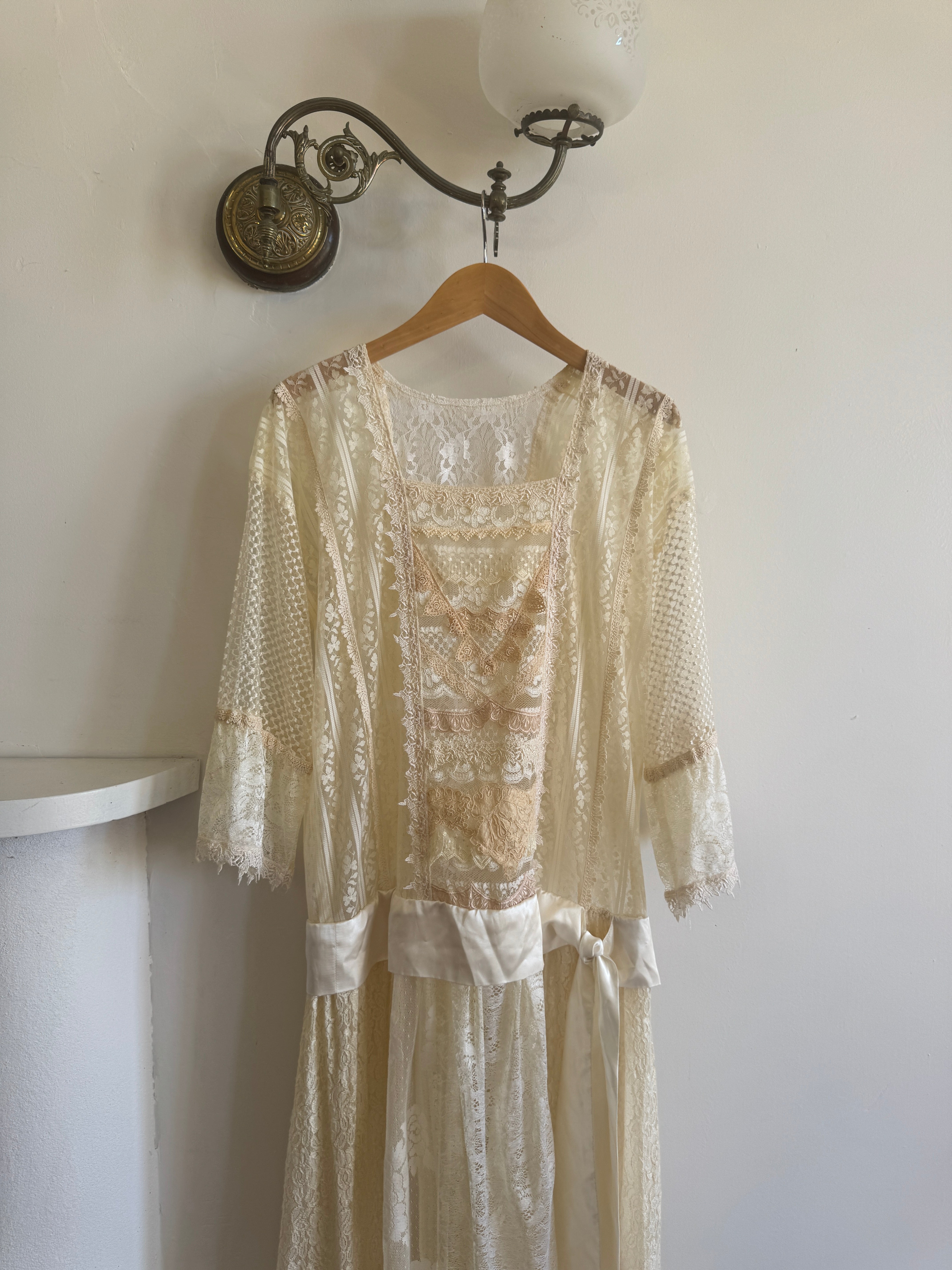 Vintage 80s Drop Waist Patchwork Lace Sheer Wedding Dress