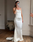 Vintage 90s Couture Satin Lace Up Fishtail Wedding Dress