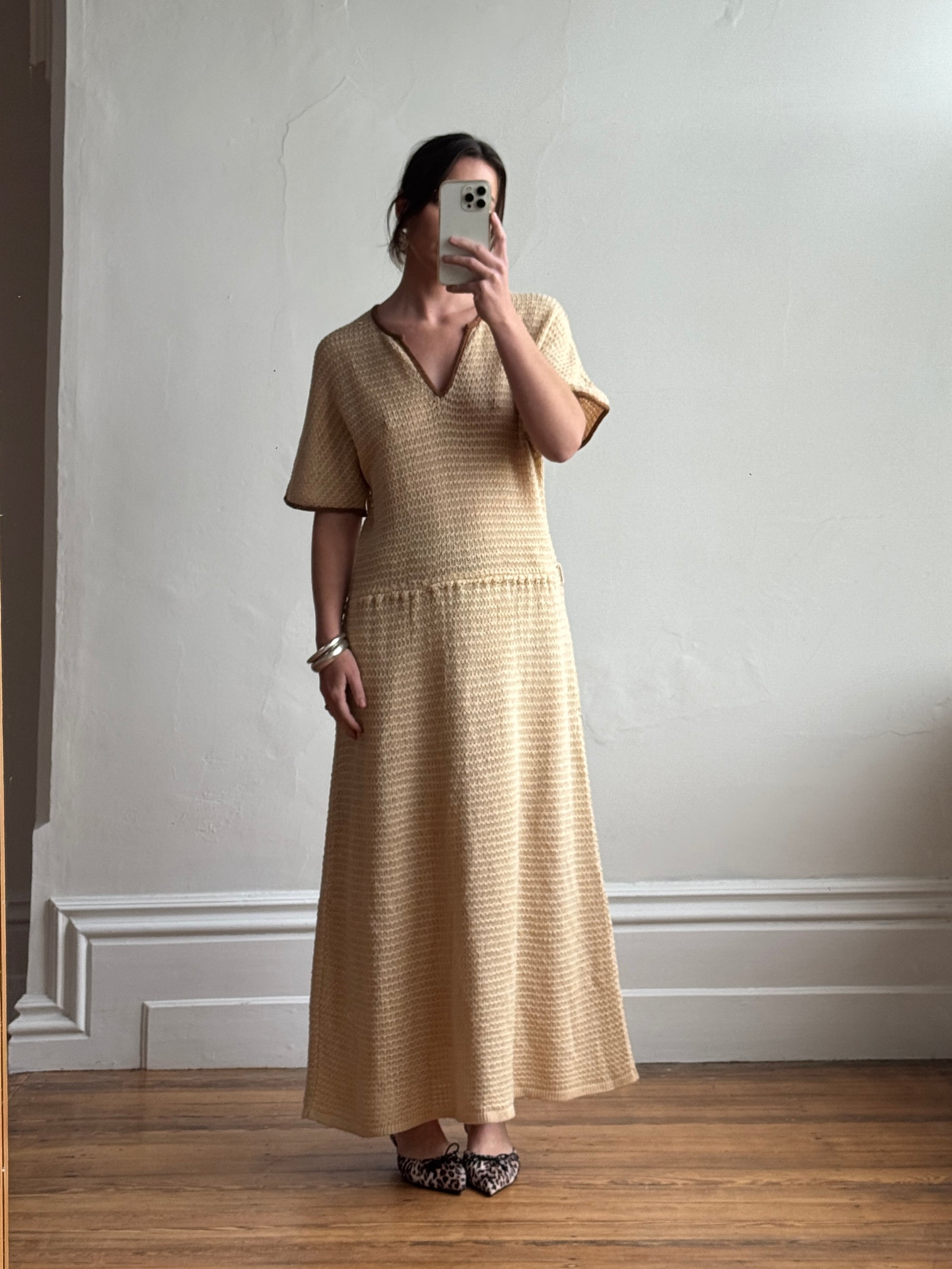 Vintage 70s Silk Blend Crochet Knit Drop Waist Maxi Dress