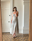 Vintage 90s Pure Silk Beaded V Neck Dress Light Grey