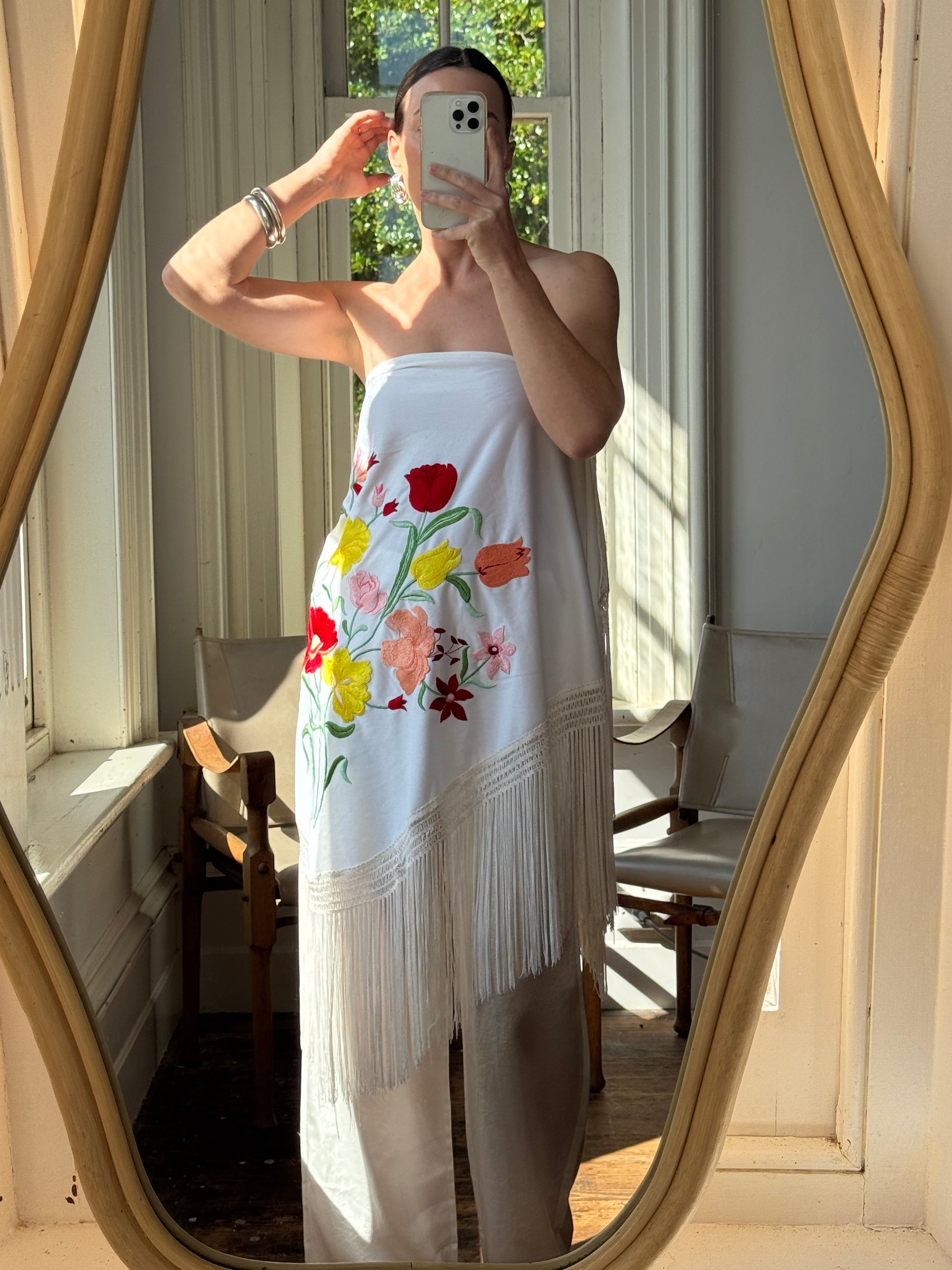 Vintage Embroidered Large Spanish Flamenco Scarf White