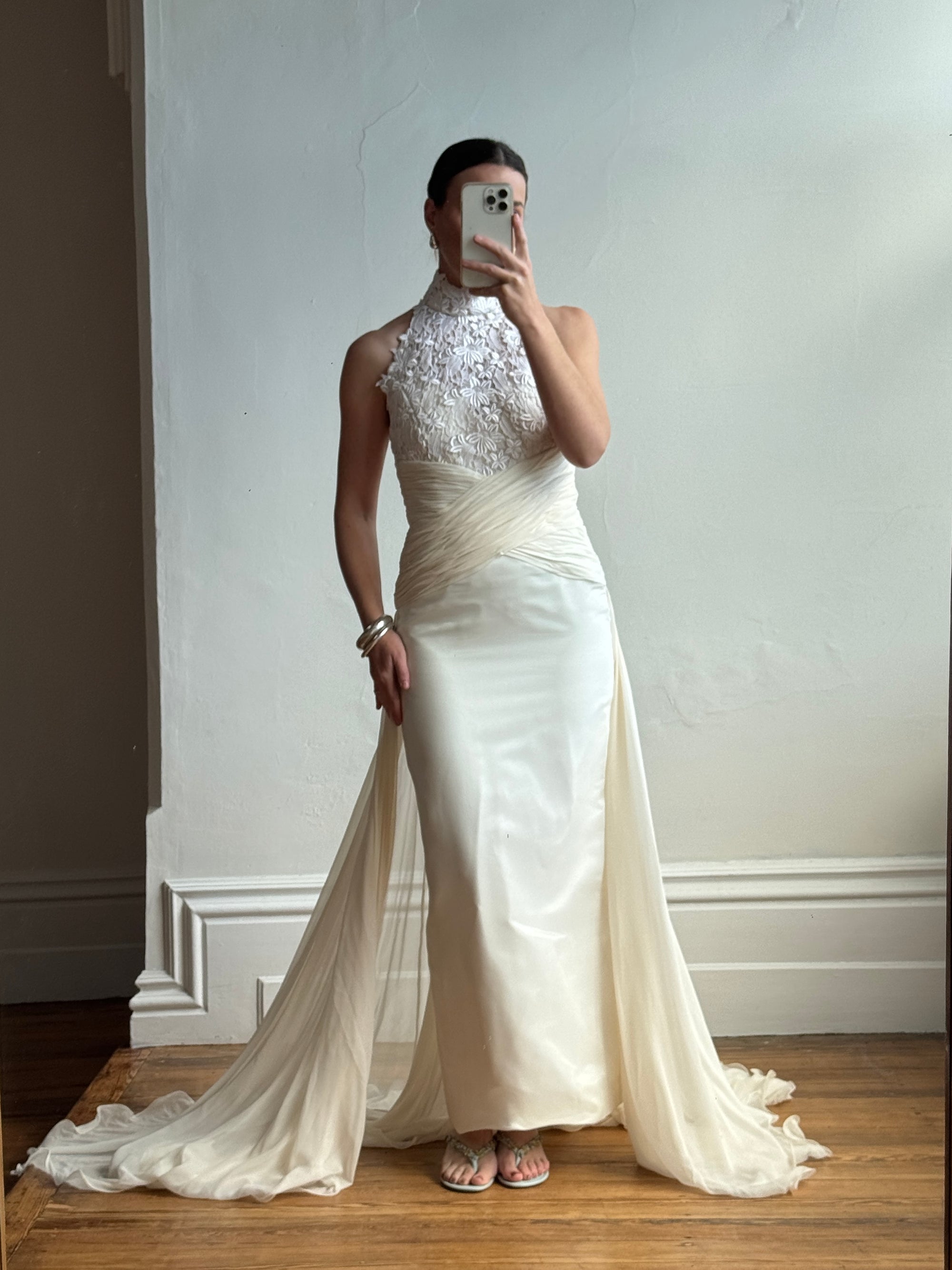 Vintage 90s High Front Lace Midi Dress with Pure Silk Train