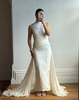 Vintage 90s High Front Lace Midi Dress with Pure Silk Train