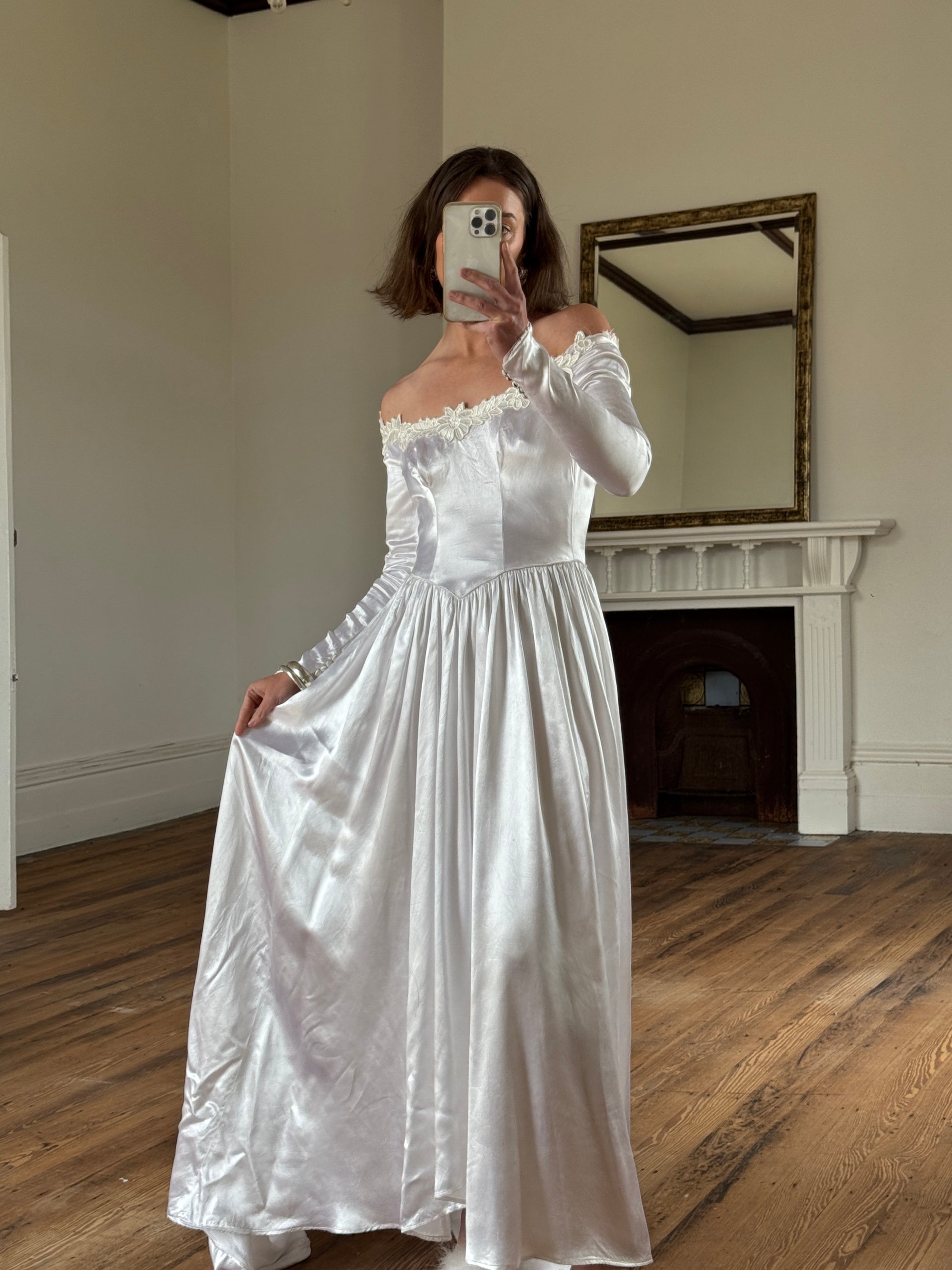 Vintage 50s Liquid Satin Scoop Applique Wedding Gown