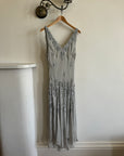 Vintage 90s Pure Silk Beaded V Neck Dress Light Grey