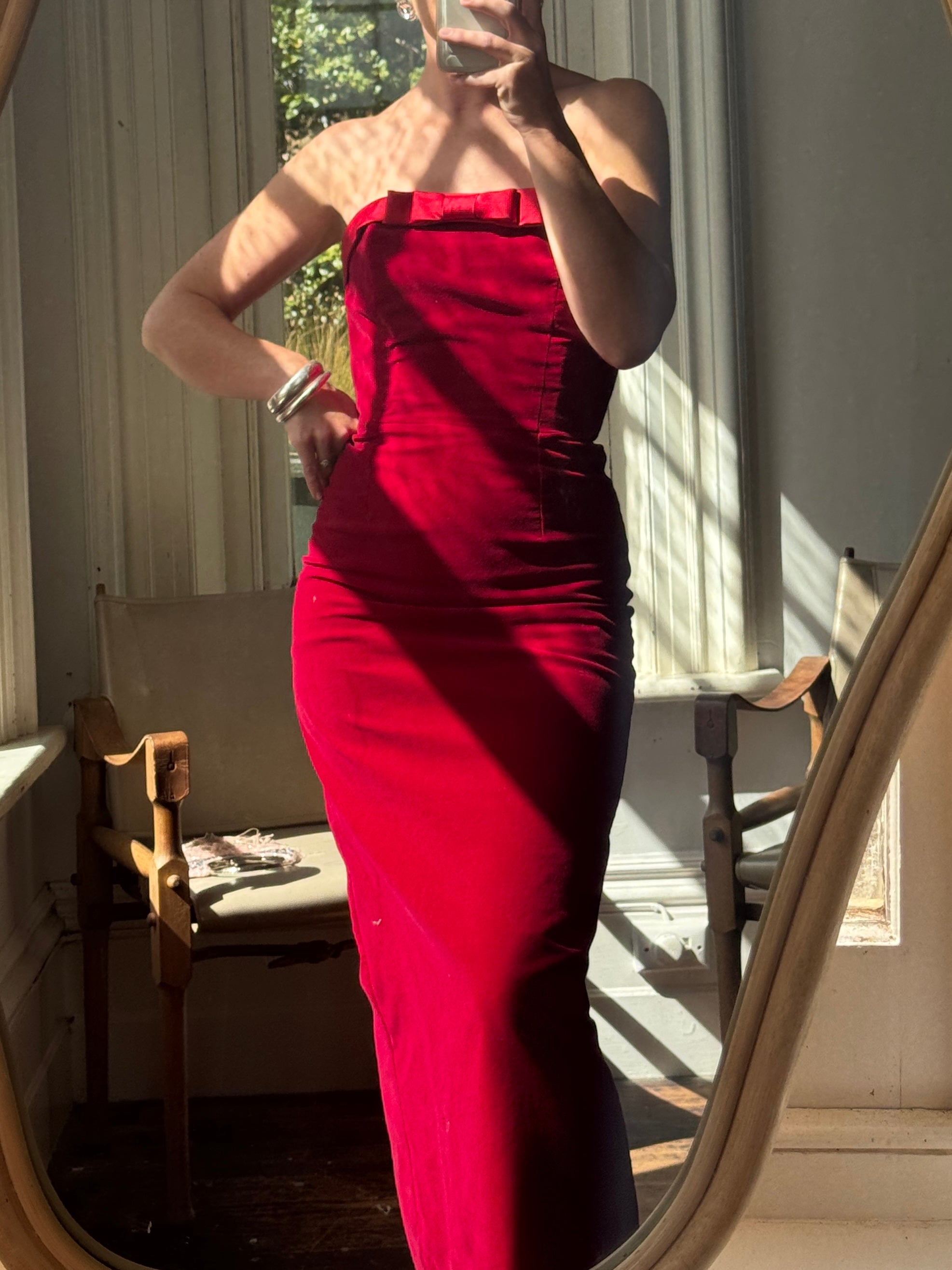 Vintage 90s Red Velvet Strapless Midi Dress with Bow