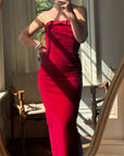 Vintage 90s Red Velvet Strapless Midi Dress with Bow