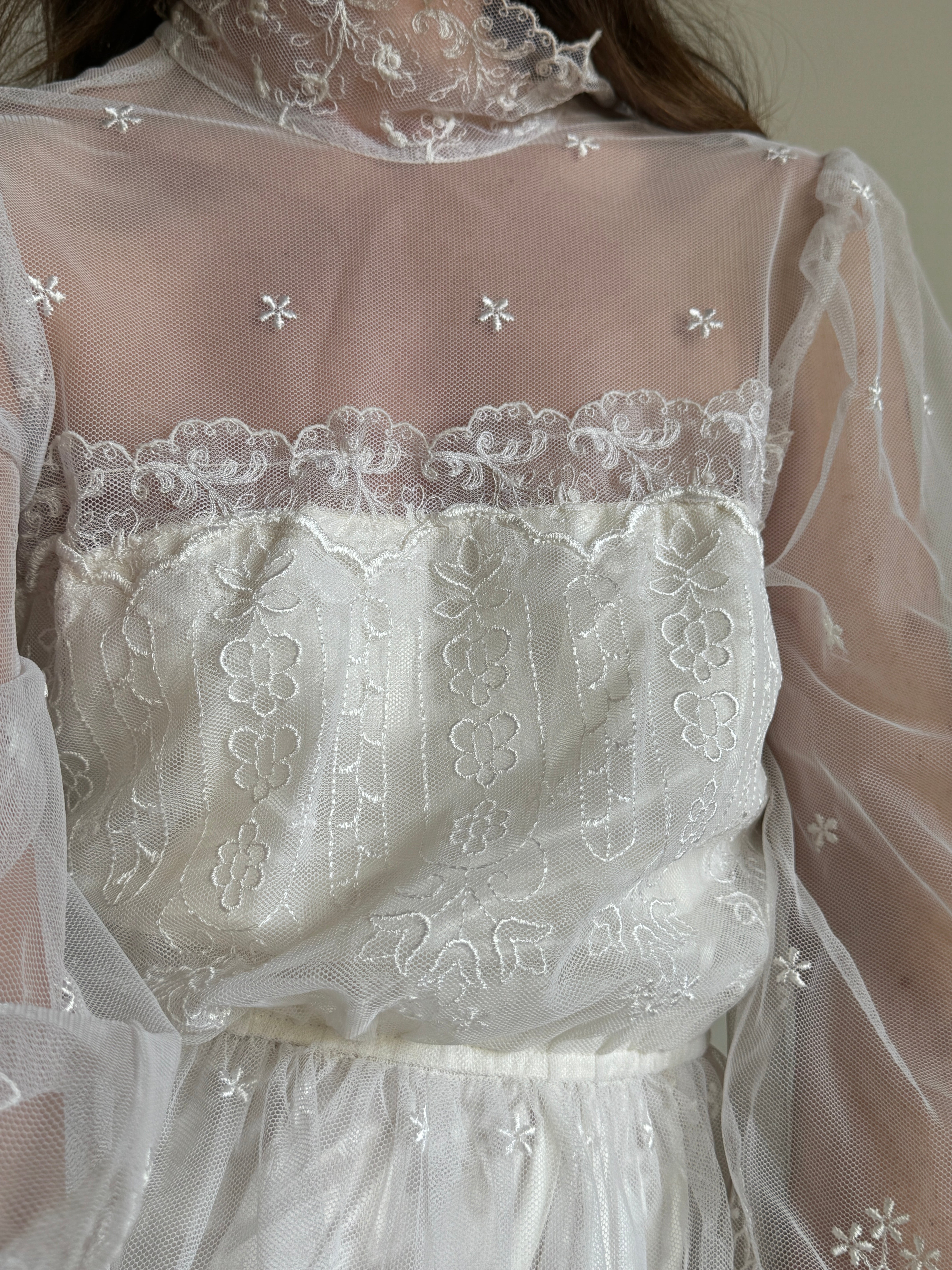 Vintage 70s High Neck Embroidered Long Sleeve Wedding Dress