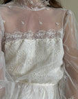 Vintage 70s High Neck Embroidered Long Sleeve Wedding Dress