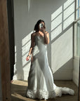 Vintage Y2K Strapless Satin Wedding Gown with Ruffled Train