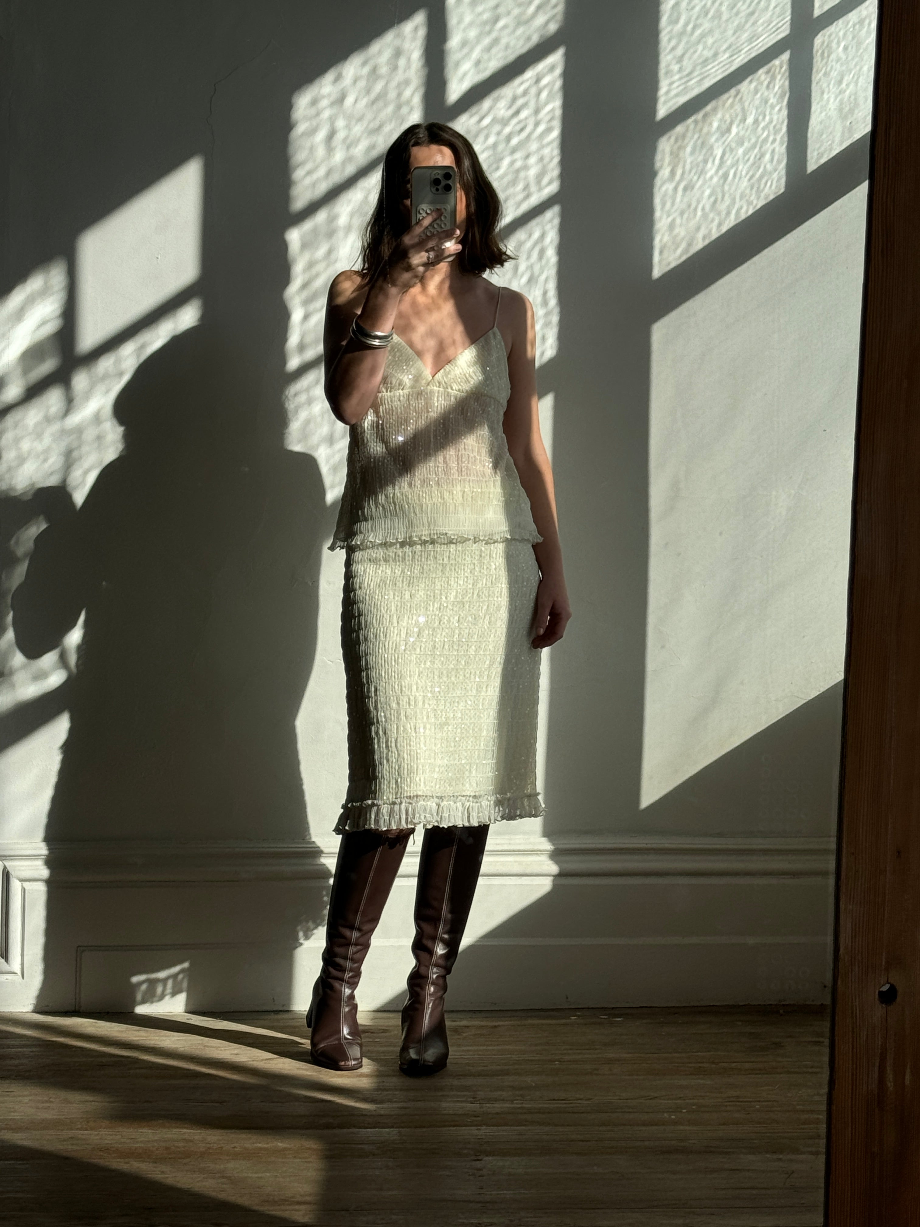 Vintage 90s Gathered Sequin Two Piece Creme