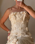 Vintage 90s Haute Couture 3D Floral Strapless Wedding Gown