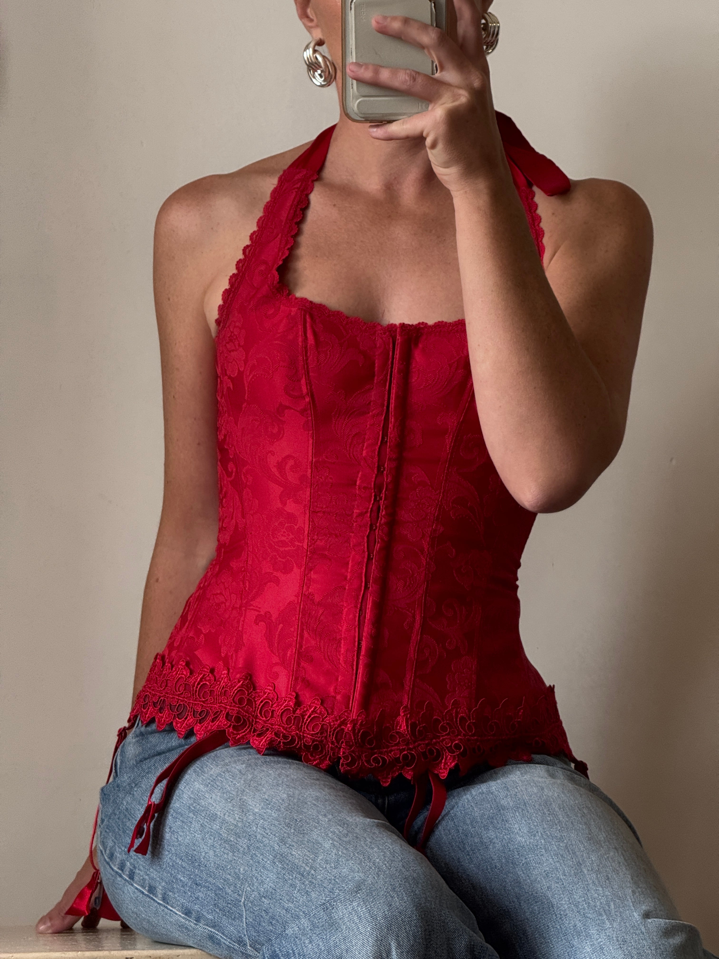 Vintage Y2K Halter Lace Up Corset Red