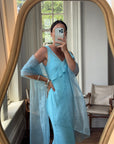Vintage 90s Aqua Ruffle Slip Dress with Organza Scarf