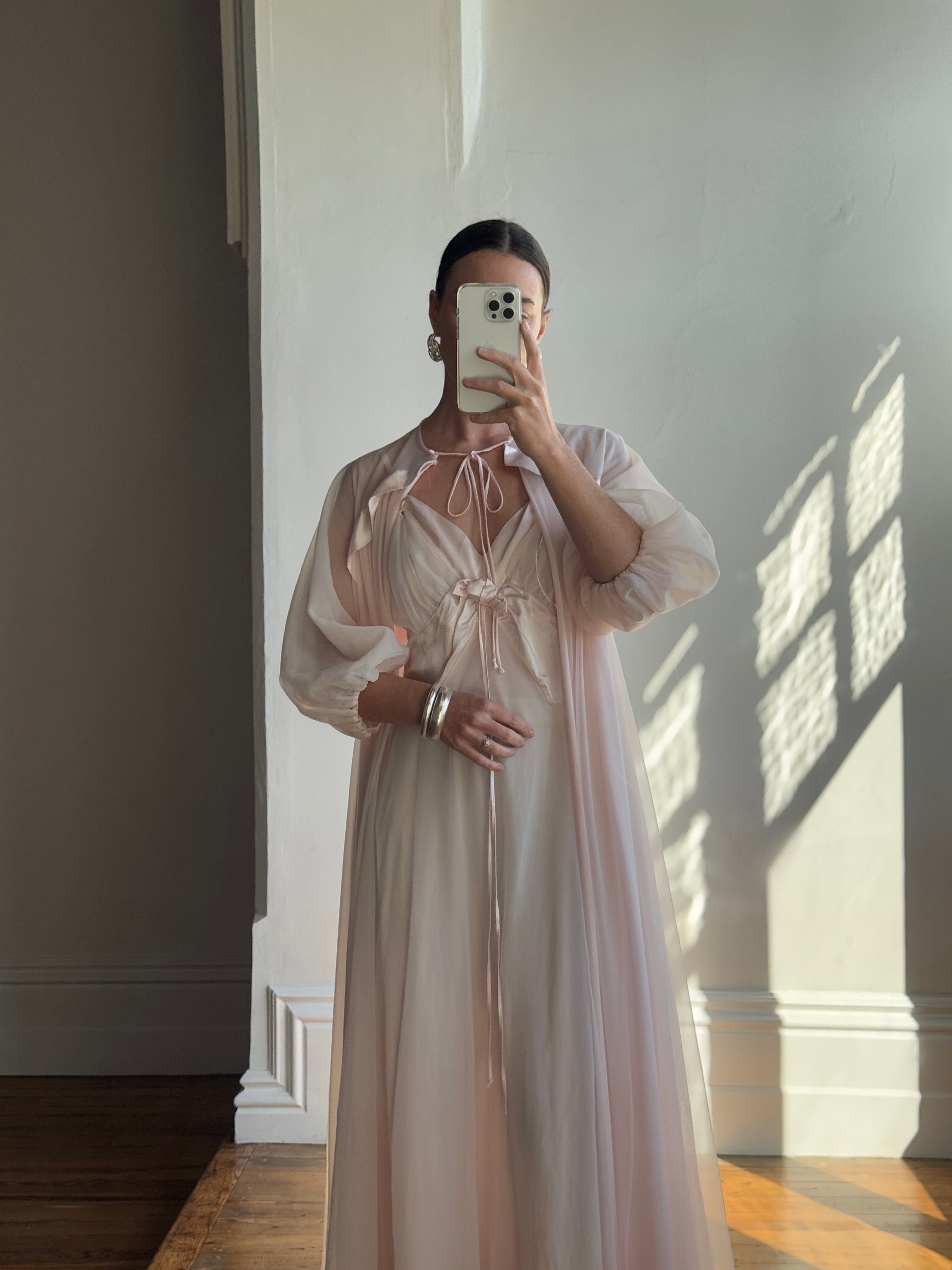 Vintage 60s Rosette Peignoir and Slip Set Pale Pink