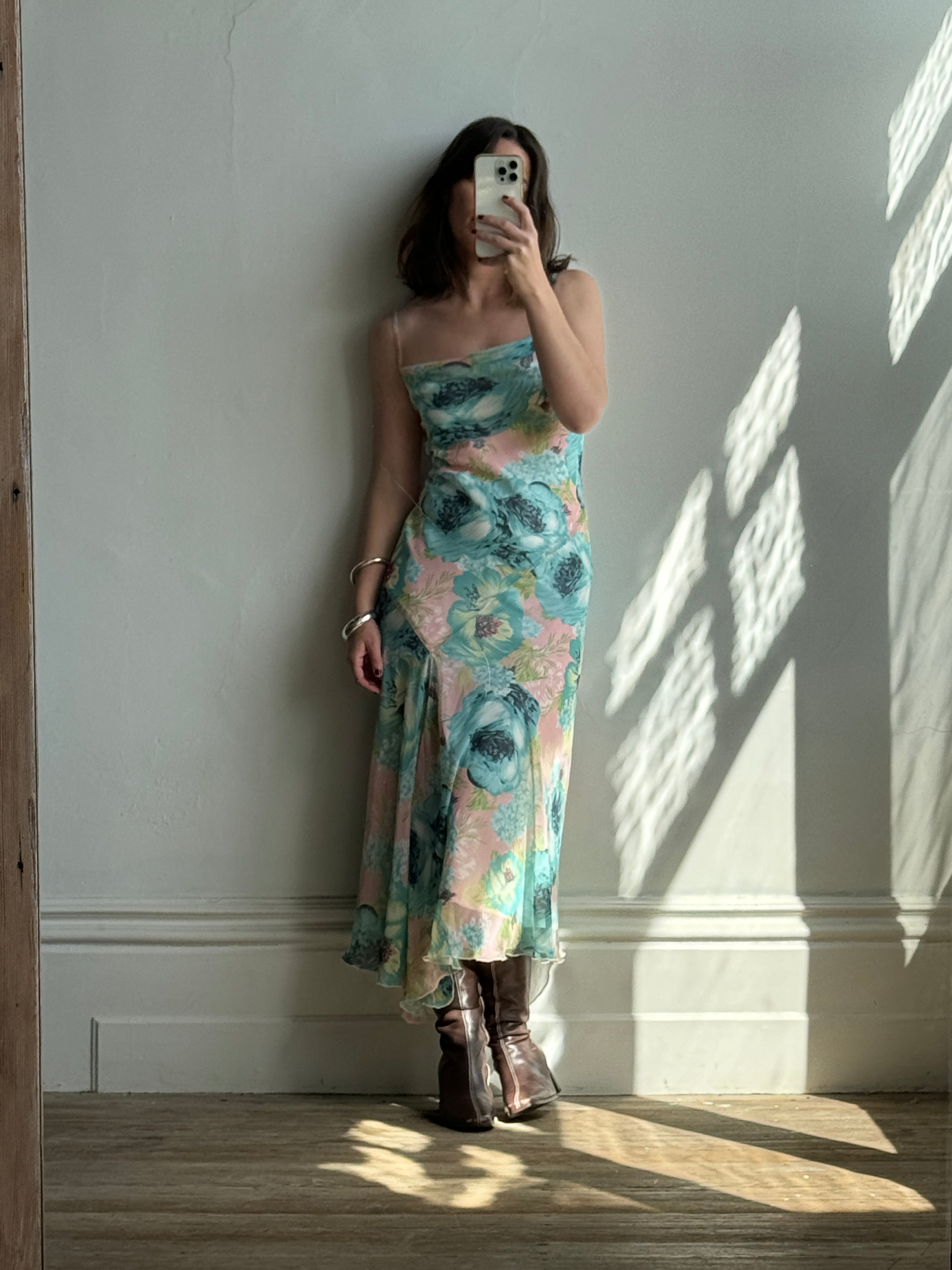 Vintage 90s Peach and Aqua Floral Bias Slip Dress