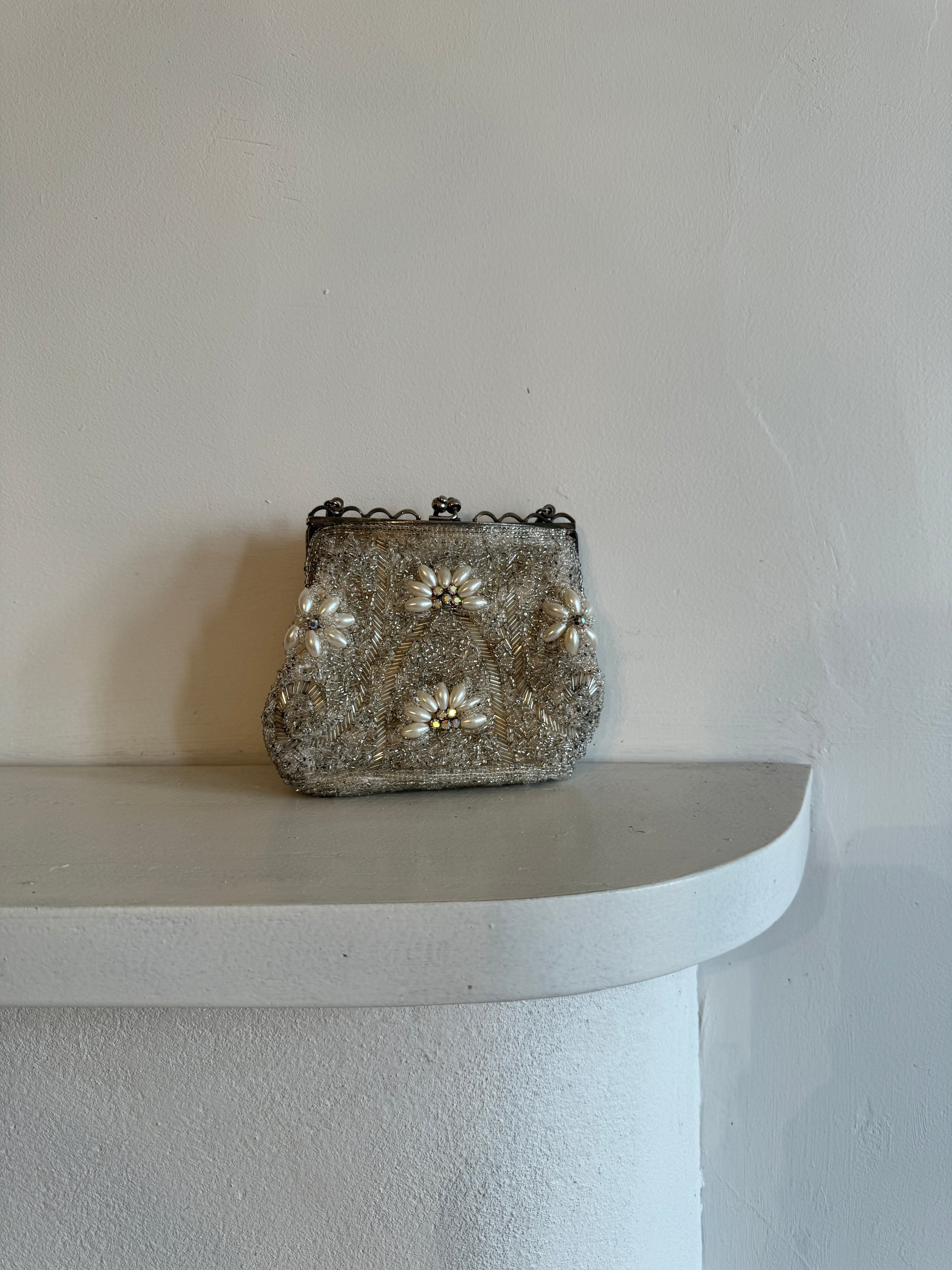 Vintage Silver Crystal and Pearl Beaded Evening Purse